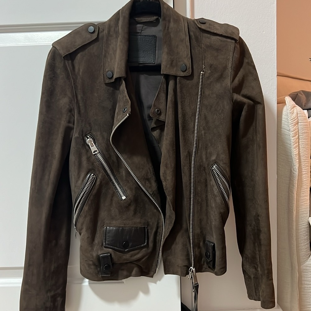 All Saints Brown/Olive Suede Leather jacket with matte black accents